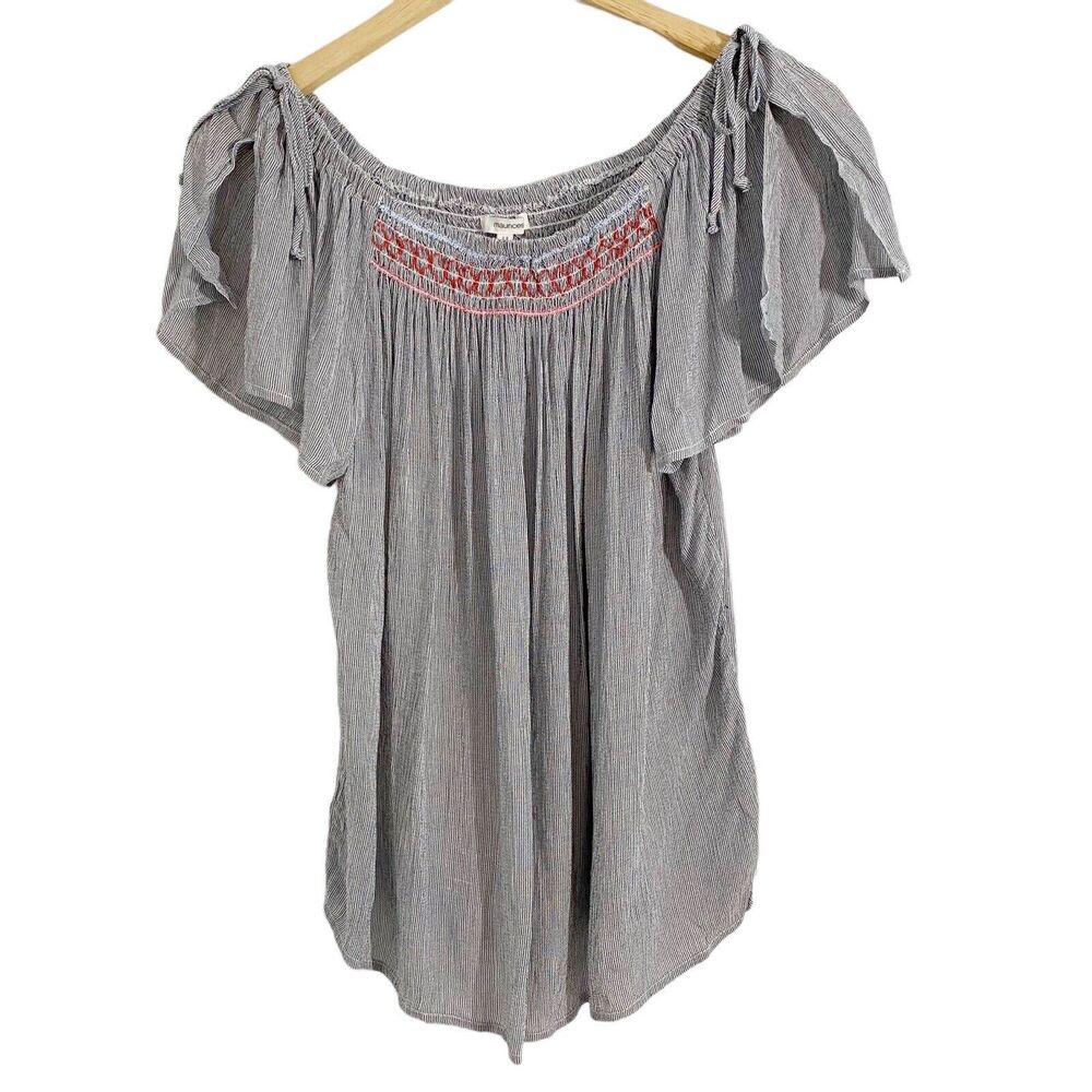 Maurices Blue & White Striped Multicolor Embroidered Smocked Top, Size Medium